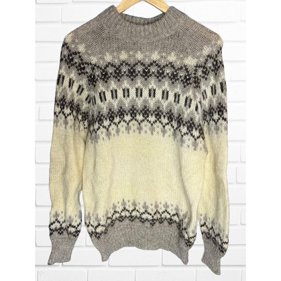 North Star Women's Size M Nordic Print Wool Pullover Sweater Neutral Gray Cream - Picture 1 of 7